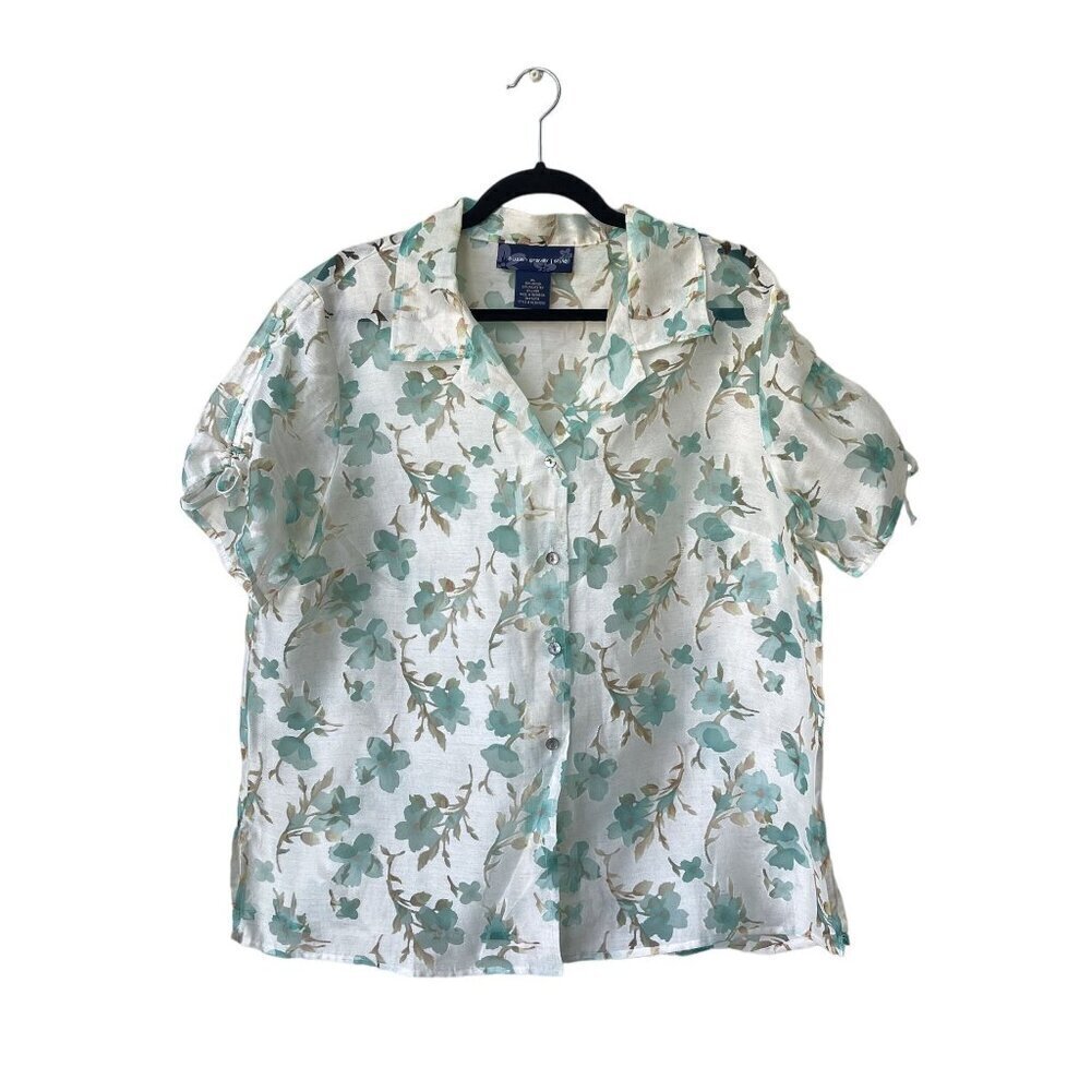 Susan Graver‎ Womens Linen Polo Size XL Semi Sheer Short Sleeve Button Front